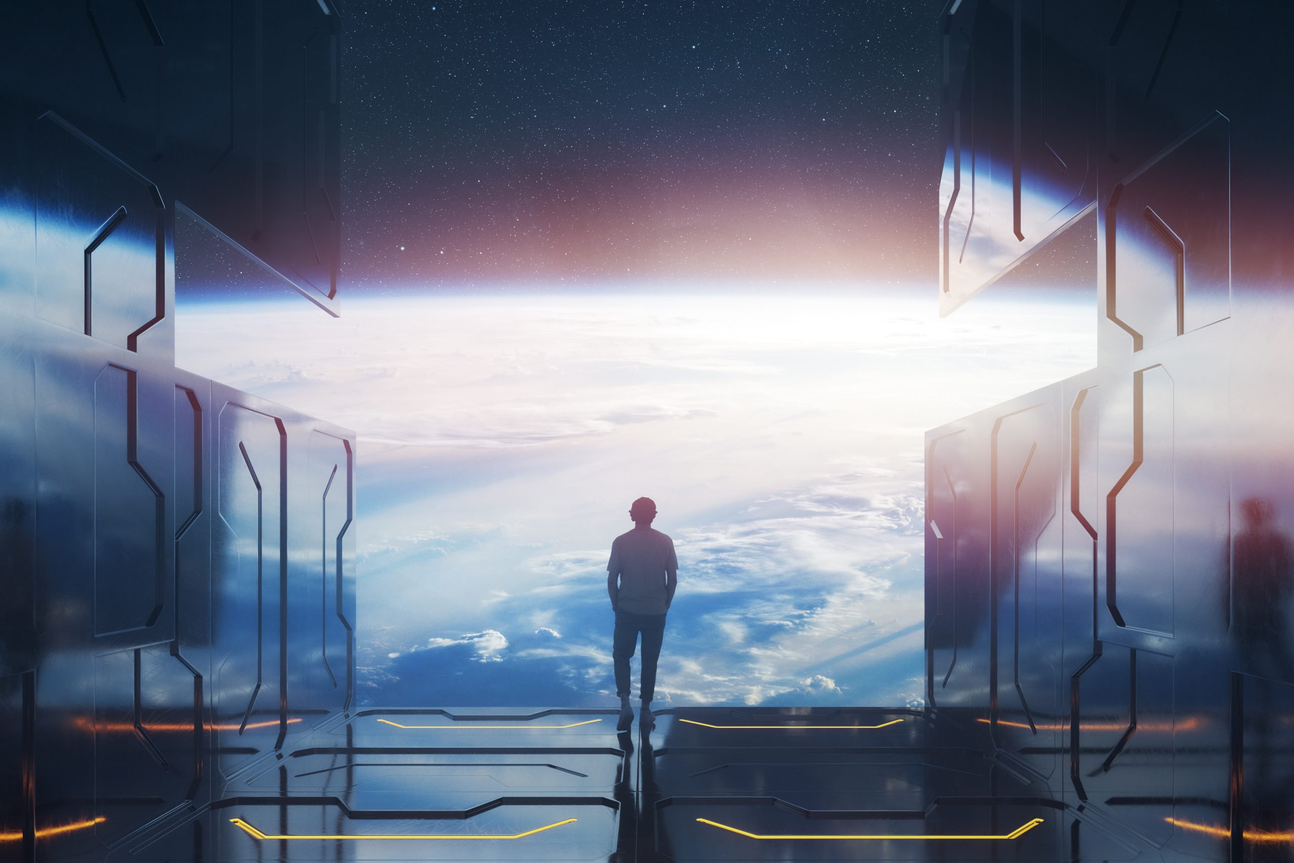 3D-rendered image of a man on a space platform overlooking planet Earth, symbolizing the precision, adaptability, and innovation of agentic AI systems.